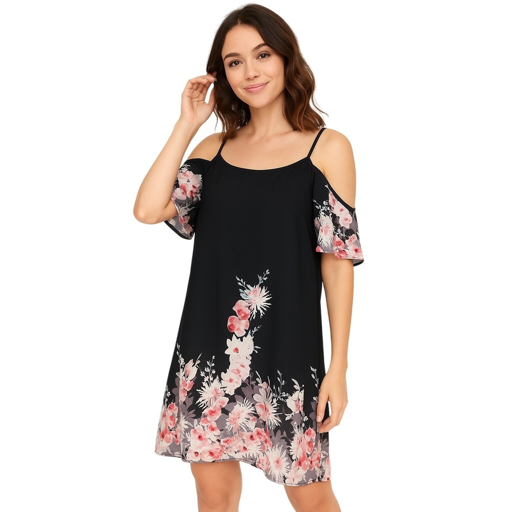 Naggoo Dress‎ Women Size Medium Black Floral Cold Shoulder Spaghetti Strap BOHO